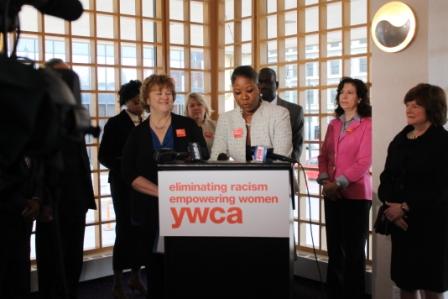 Stand Against Racism is a series of Rochester events with about 200 organizations participating. This year the YWCA hosted a Stand Against Racism breakfast April 25 which approximately 400 people attended. Pictured at the podium are Jean Carroll, president and CEO of the YWCA of Rochester and Monroe County (left) and Dr. Dara Richardson-Heron, CEO of the YWCA USA. 